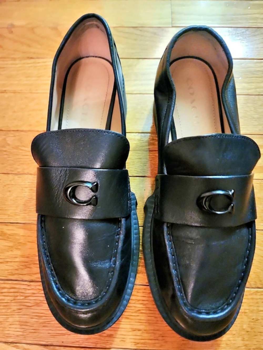Coach Leah Black Leather Sculpted C Lug Sole Loafer Shoes